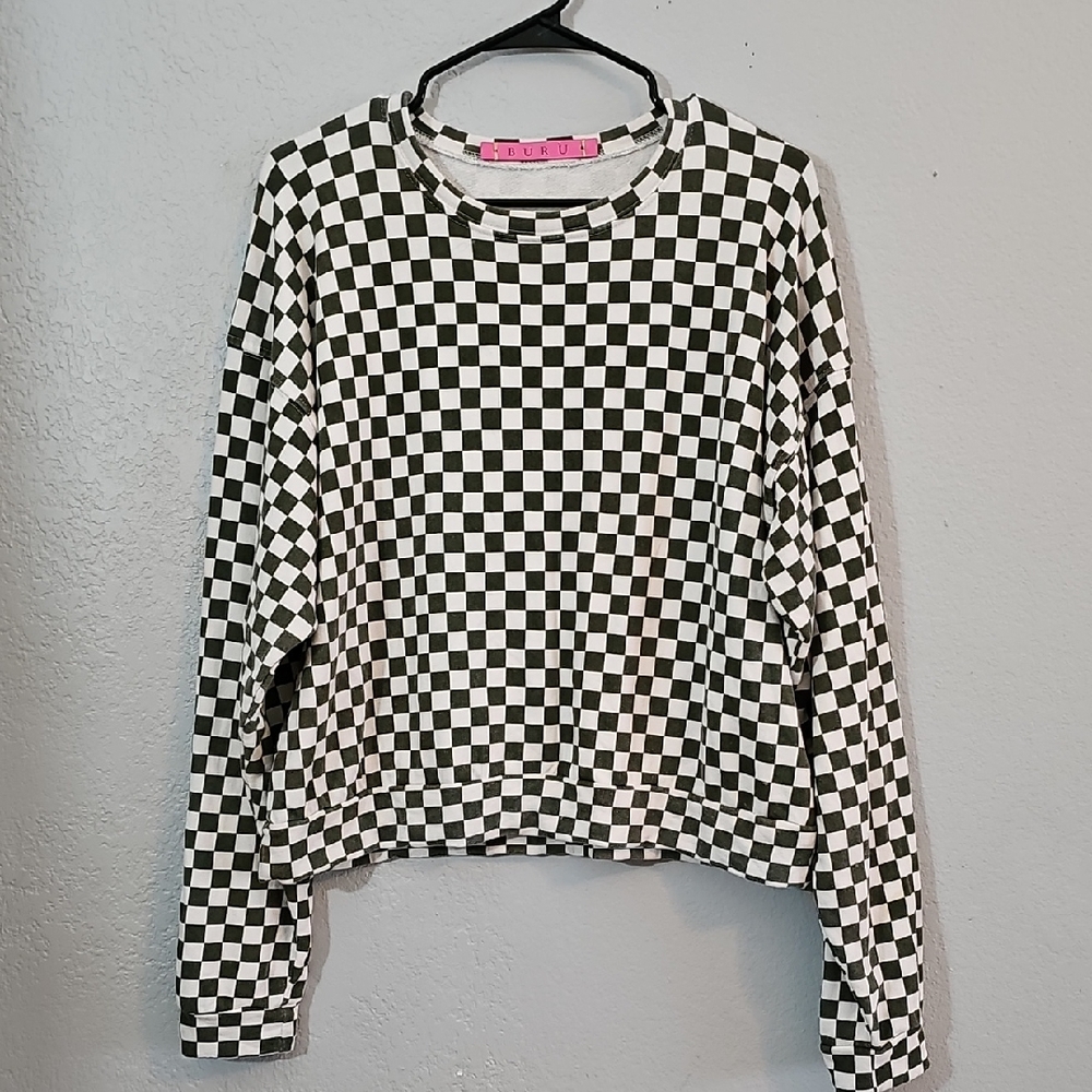 BURU Checkered Green and White Women's Crew Neck Crop Sweater Womens XL - Picture 1 of 7